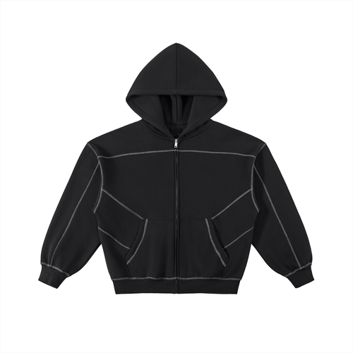 Hollow Street Contrast-Stitched Boxy Fleece Zip Hoodie