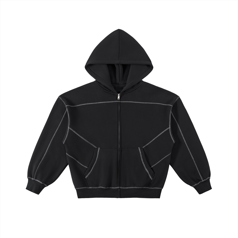 Hollow Street Contrast-Stitched Boxy Fleece Zip Hoodie