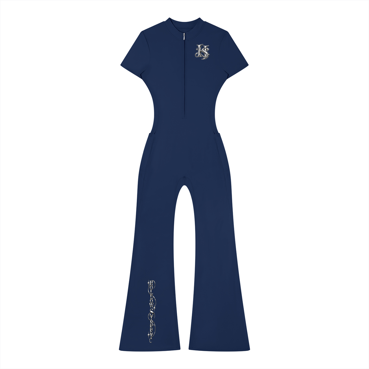 HOLLOW STREET Tight Flared Leg Quarter-Zip Jumpsuit