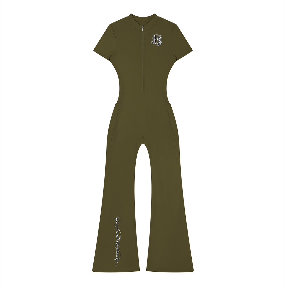 HOLLOW STREET Tight Flared Leg Quarter-Zip Jumpsuit