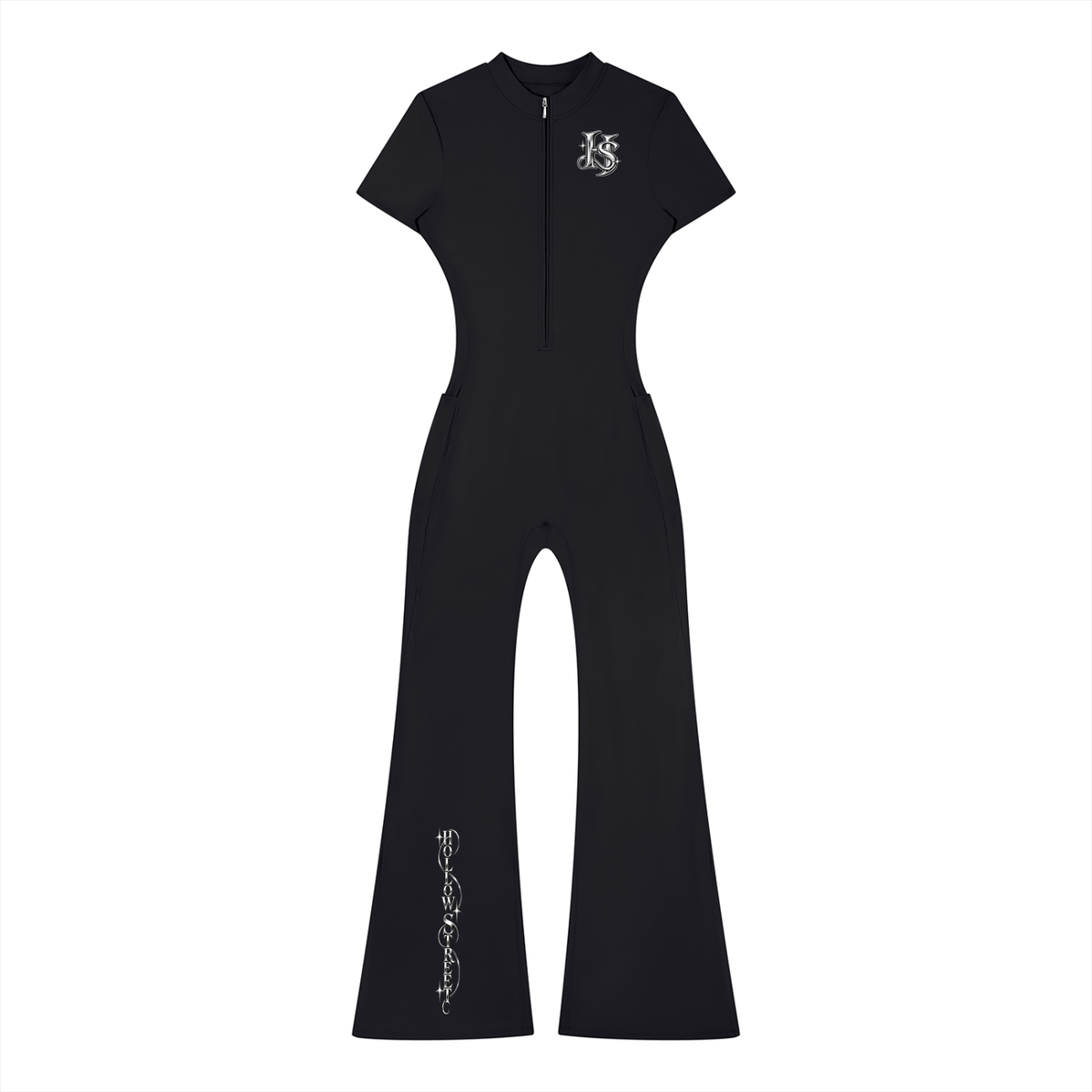 HOLLOW STREET Tight Flared Leg Quarter-Zip Jumpsuit