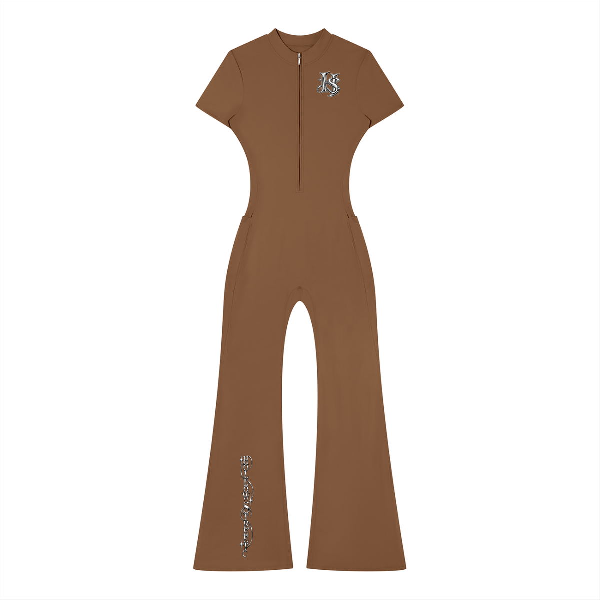 HOLLOW STREET Tight Flared Leg Quarter-Zip Jumpsuit