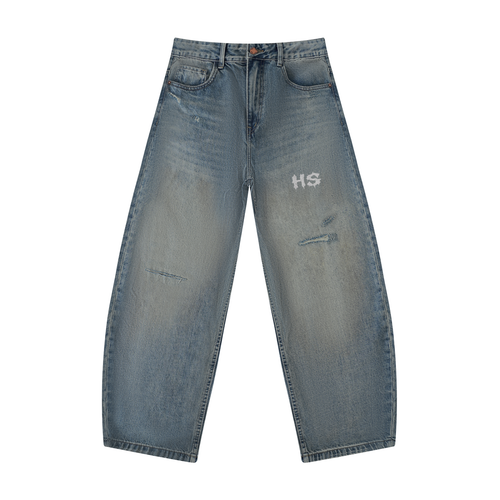 Hollow Street Distressed Barrel Leg Jeans