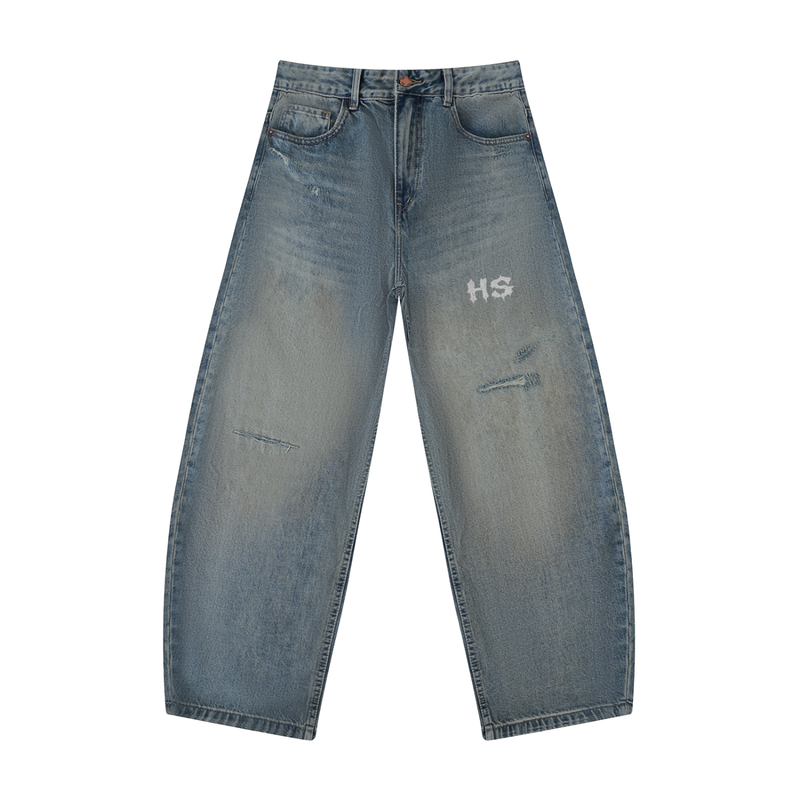 Hollow Street Distressed Barrel Leg Jeans
