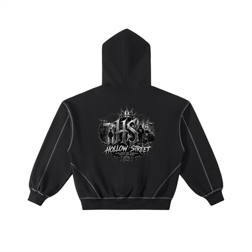 Hollow Street Contrast-Stitched Boxy Fleece Zip Hoodie