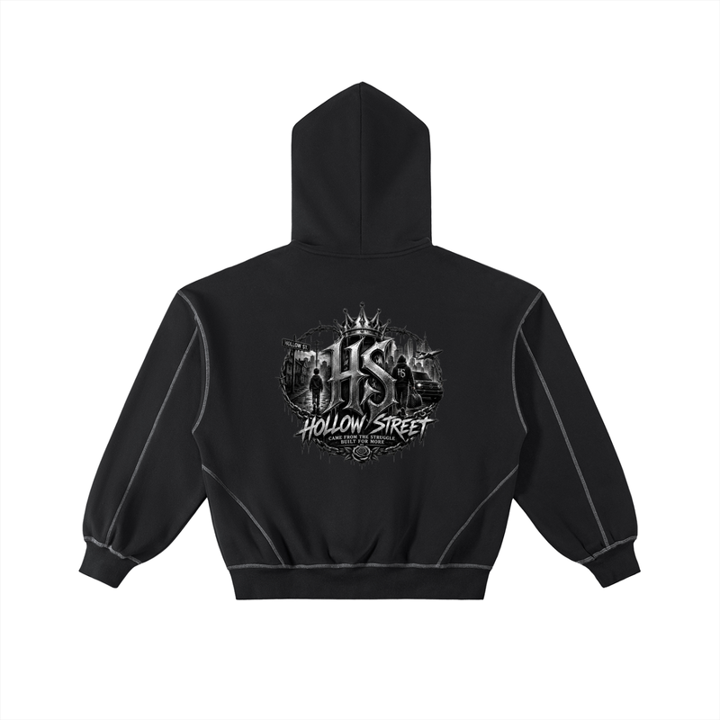Hollow Street Contrast-Stitched Boxy Fleece Zip Hoodie